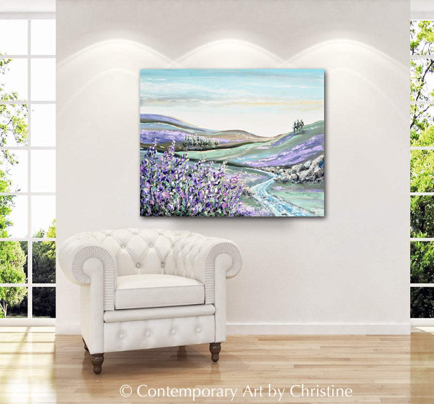 Load image into Gallery viewer, &amp;quot;Laced in Lavender&amp;quot; ORIGINAL Art Abstract Landscape Painting Textured Lavender Flowers River Horizon 30x24&amp;quot;
