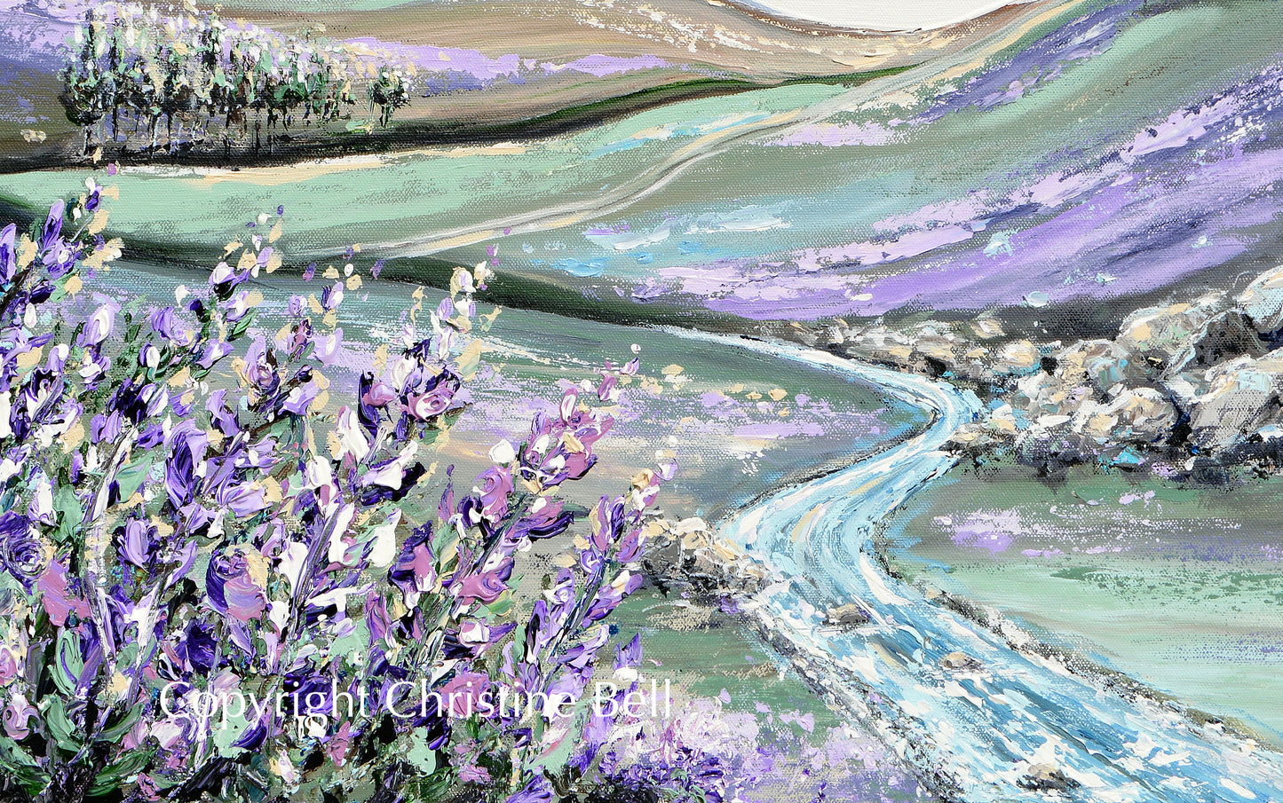 Load image into Gallery viewer, &amp;quot;Laced in Lavender&amp;quot; ORIGINAL Art Abstract Landscape Painting Textured Lavender Flowers River Horizon 30x24&amp;quot;
