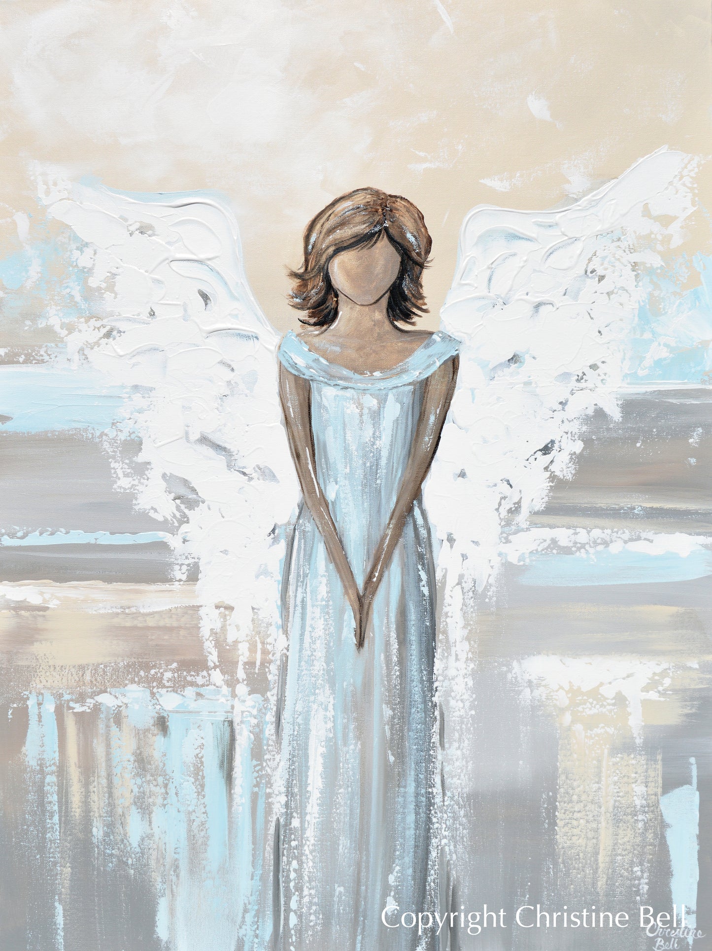 Load image into Gallery viewer, &amp;quot;Her Protecting Love is with You&amp;quot; ORIGINAL Abstract Angel Painting Elegant Guardian Angel Blue White 30x40&amp;quot;
