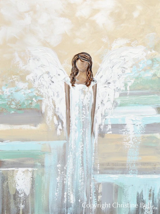 "Trust Your Angel" ORIGINAL Abstract Angel Painting Elegant Guardian Angel Blue White 30x40"