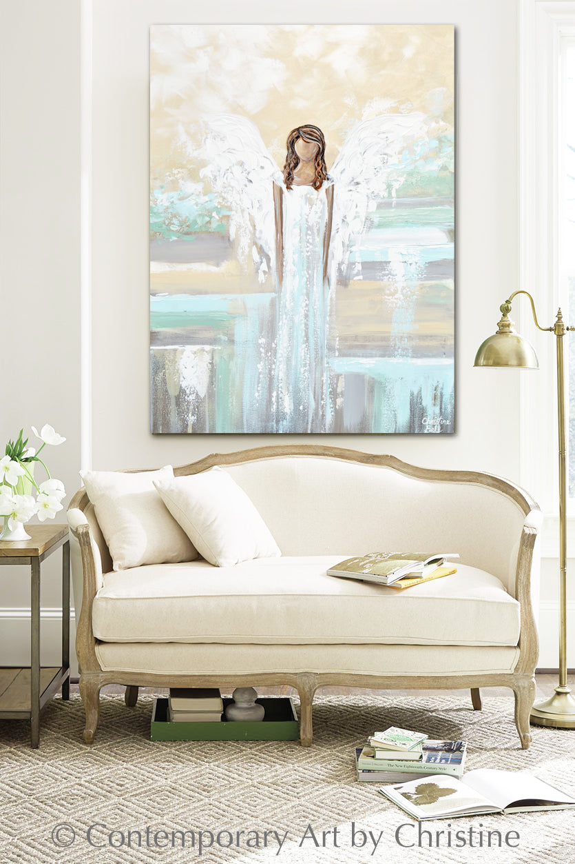 "Trust Your Angel" ORIGINAL Abstract Angel Painting Elegant Guardian Angel Blue White 30x40"