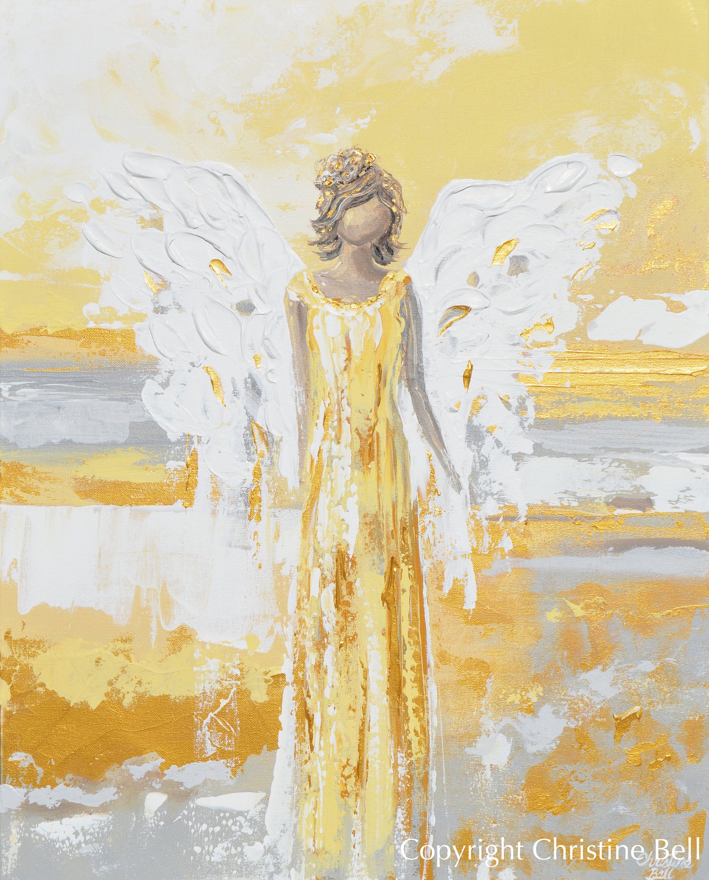Load image into Gallery viewer, &amp;quot;Your Guiding Light&amp;quot; ORIGINAL Abstract Angel Painting Guardian Angel Gold Leaf White Grey 24x30&amp;quot;

