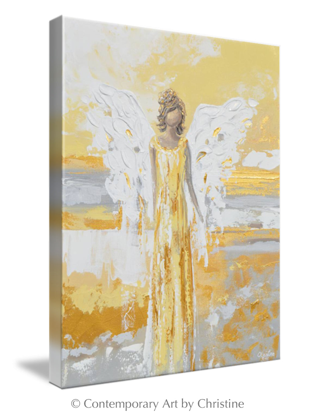 "Your Guiding Light" CANVAS PRINT Abstract Angel Painting Guardian Angel Art Gold Leaf White Grey