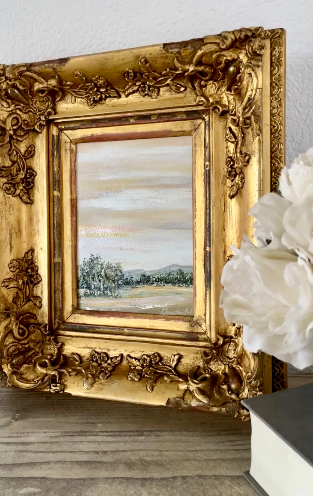 "Beyond the Hills" FRAMED ORIGINAL Landscape Painting, Gold Baroque 1800's ANTIQUE Frame