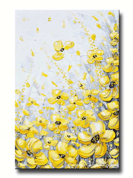 GICLEE PRINT Art Yellow Grey Abstract Painting Poppy Flowers Coastal Art Canvas Prints Gold White - Christine Krainock Art - Contemporary Art by Christine - 1