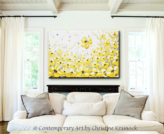 Load image into Gallery viewer, CUSTOM Original Art Yellow Grey Abstract Painting White Gold Poppy Floral Modern Coastal Wall Art - Christine Krainock Art - Contemporary Art by Christine - 2
