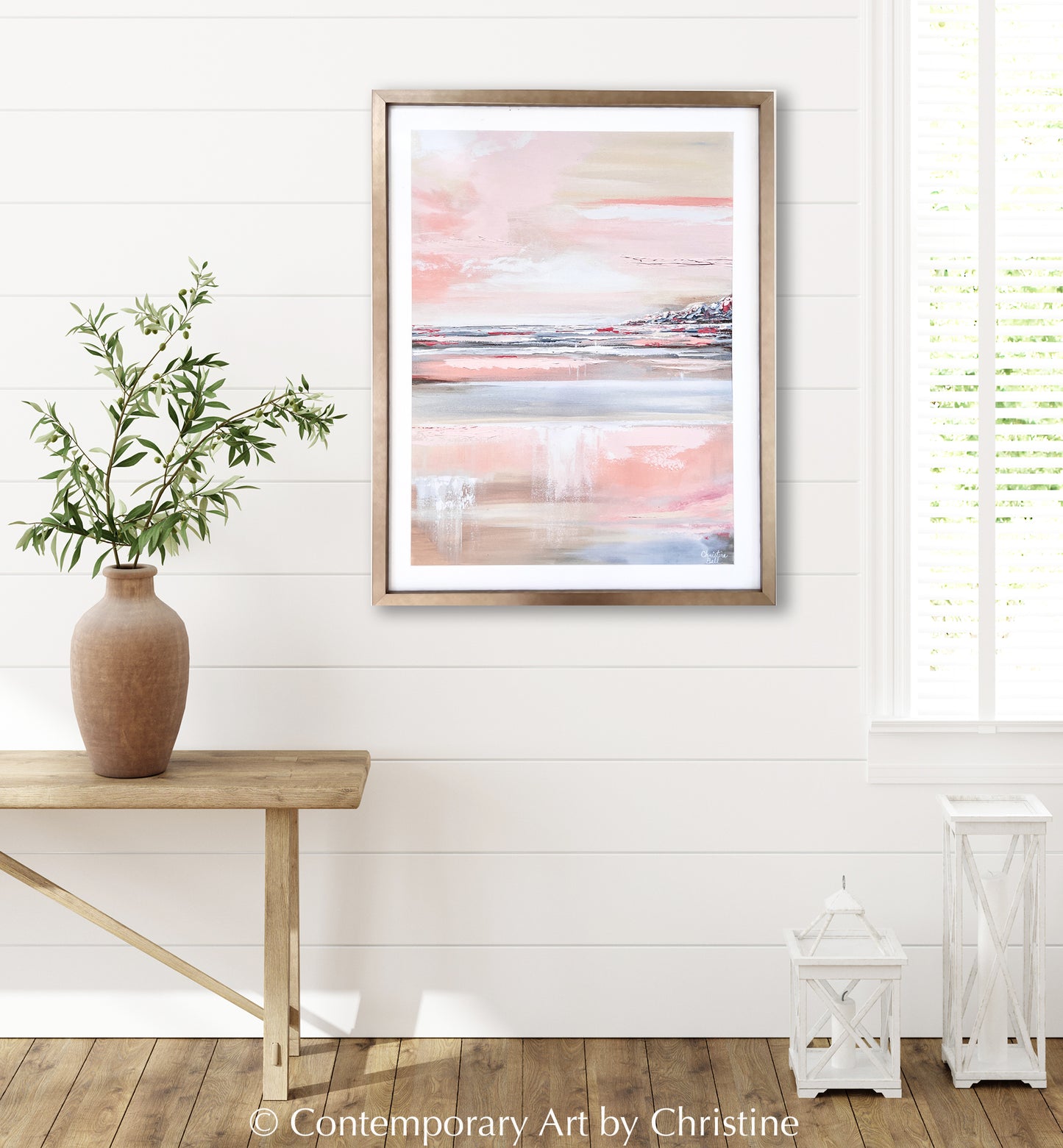 "Romantic Impressions" FRAMED GICLEE PRINT Art Pink White Grey Beige Coastal Abstract Painting Modern Wall Art