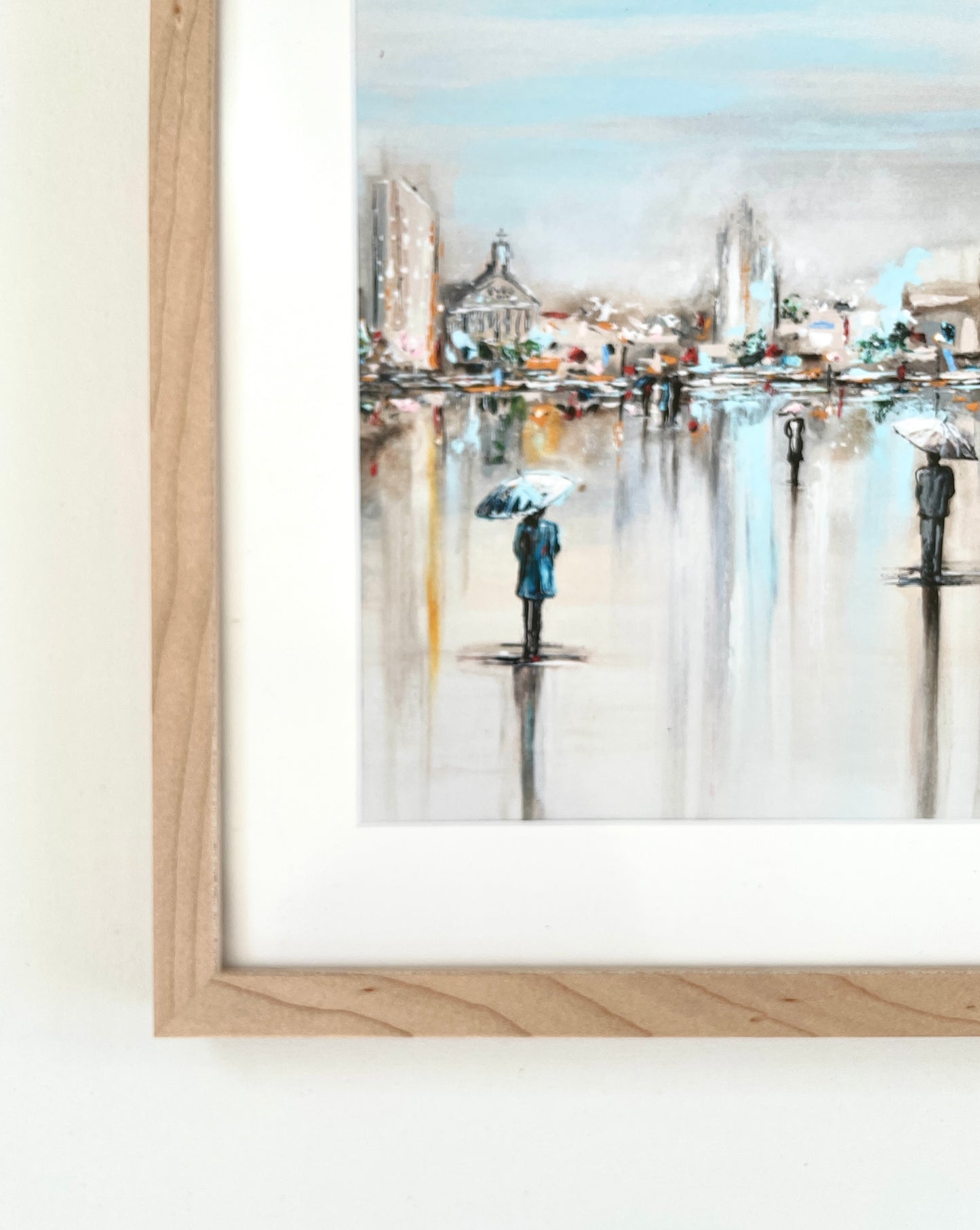 "A Moment in Time" FRAMED GICLEE PRINT Art Abstract Painting Cityscape Horizon Modern Figurative Umbrellas