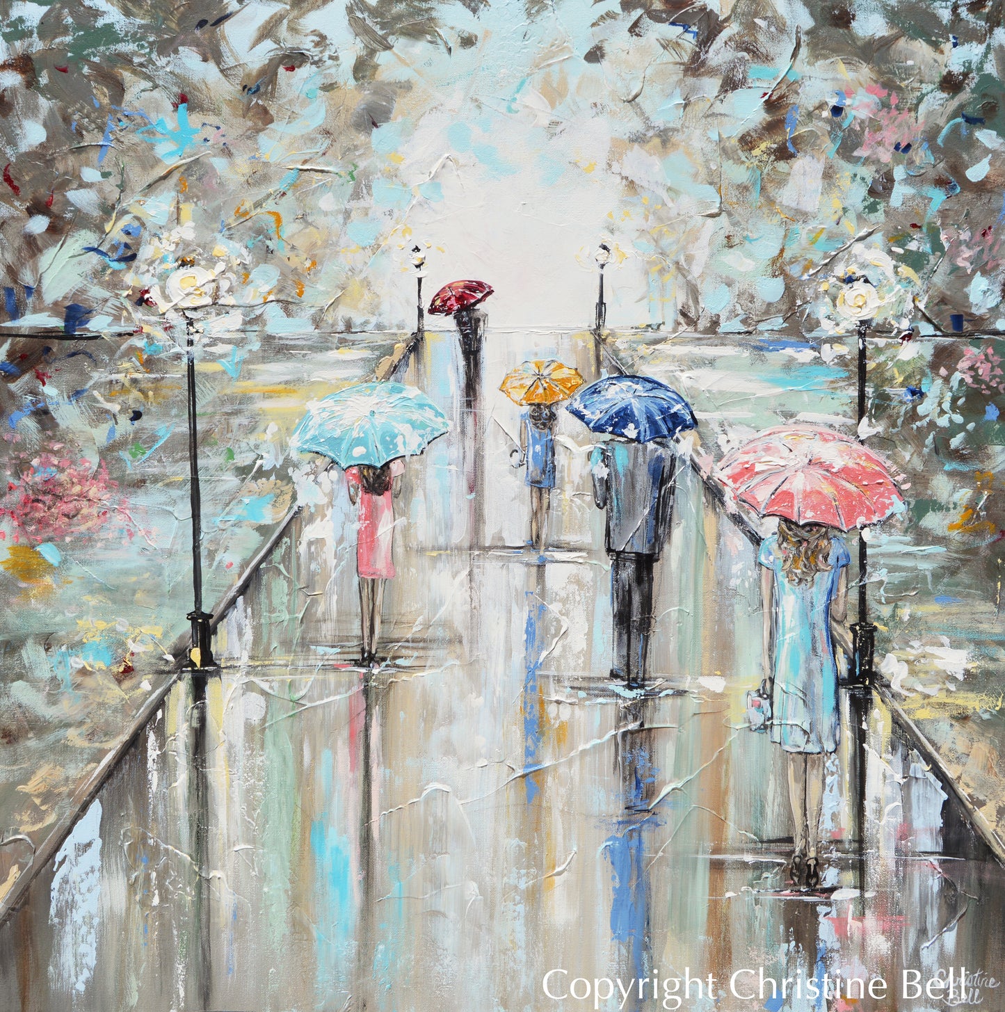 "Central Park" ORIGINAL Art Abstract Painting Landscape Girl w Umbrella Trees Textured 36x36"