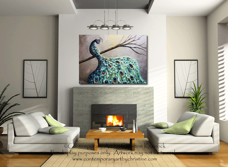 Load image into Gallery viewer, GICLEE PRINT Art Abstract Peacock Painting Modern Canvas Prints Blue Green Grey Brown Gold Bird - Christine Krainock Art - Contemporary Art by Christine - 7

