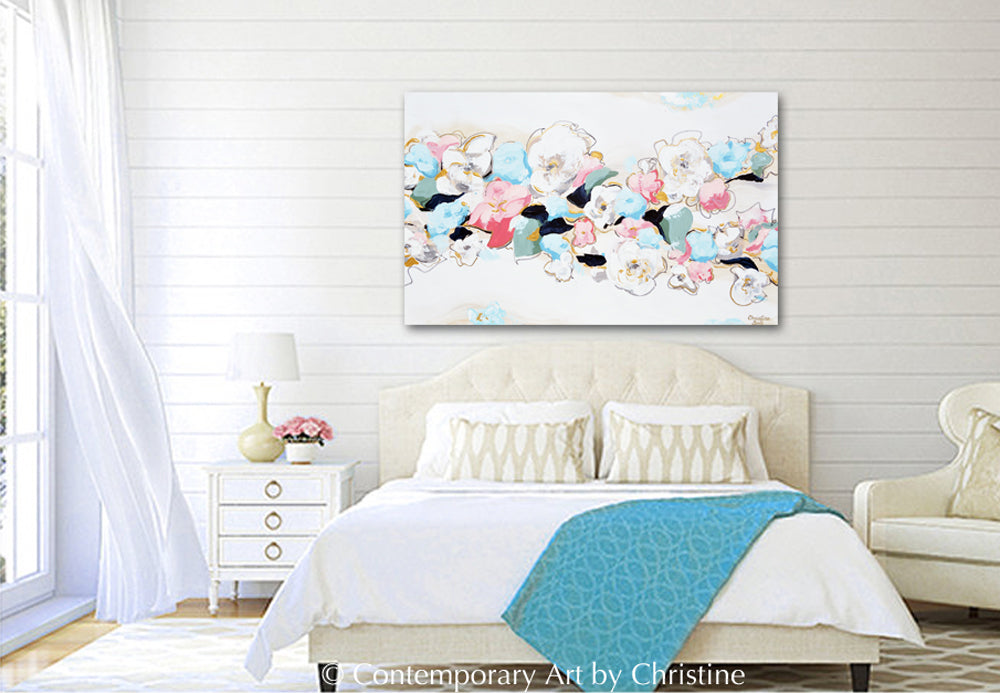 "Live Life in Full Bloom" ORIGINAL Art Abstract Floral Painting Blue Pink White Modern Flowers Wall Art XL 48x30"
