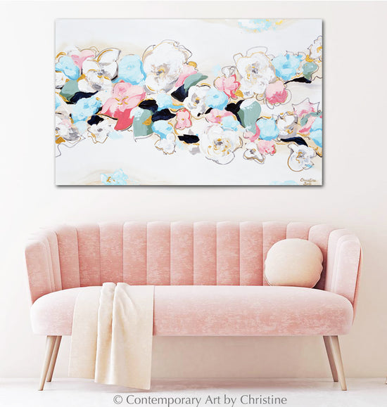 "Live Life in Full Bloom" ORIGINAL Art Abstract Floral Painting Blue Pink White Modern Flowers Wall Art XL 48x30"
