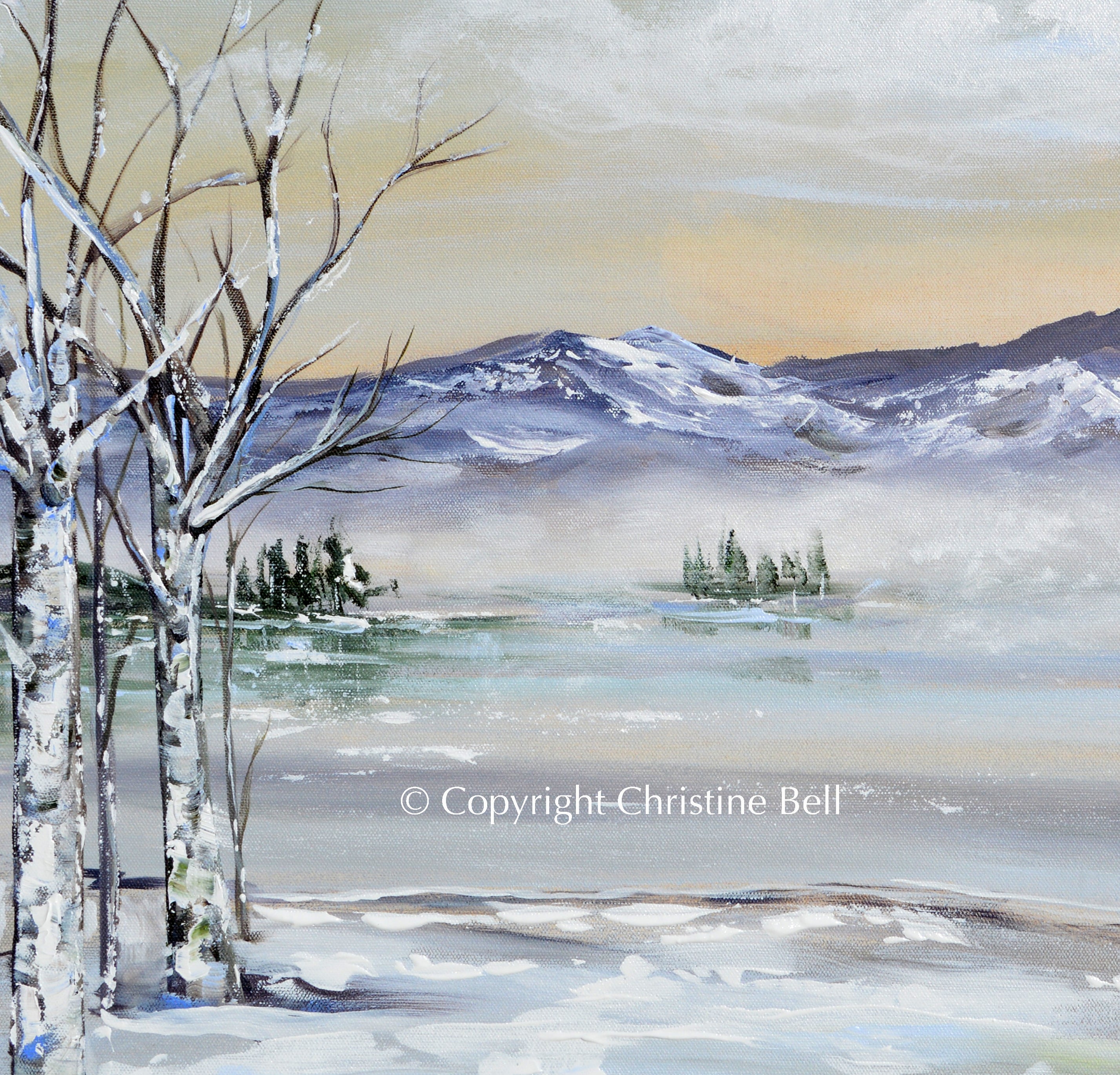 ORIGINAL Landscape Painting Winter Snow Mountain Birch Tree Wall Decor ...
