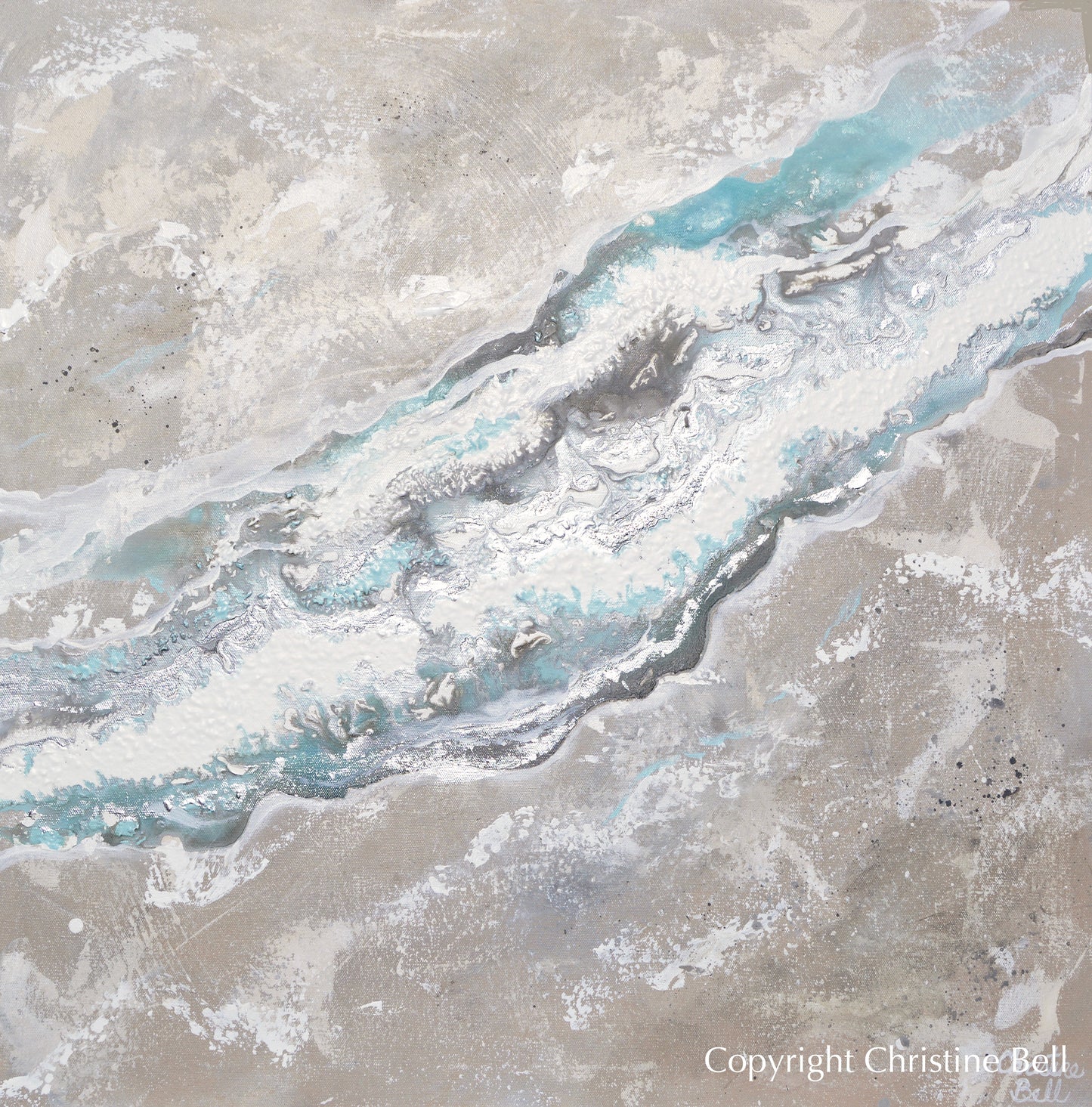 "Sea-stone" Original Art Neutral Coastal Abstract Painting White Taupe Beige Grey Aqua 30x30"