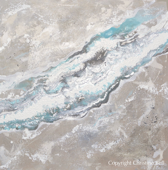 "Sea-stone" Original Art Neutral Coastal Abstract Painting White Taupe Beige Grey Aqua 30x30"