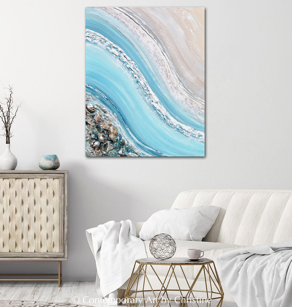 ORIGINAL Abstract Ocean Painting Coastal Blue White Rocks Beach Decor ...
