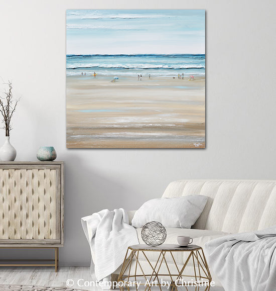 Load image into Gallery viewer, &amp;quot;Beach Day&amp;quot; ORIGINAL Art Coastal Abstract Painting Textured Ocean Waves Figurative Beach Goers Blue White 30x30&amp;quot;
