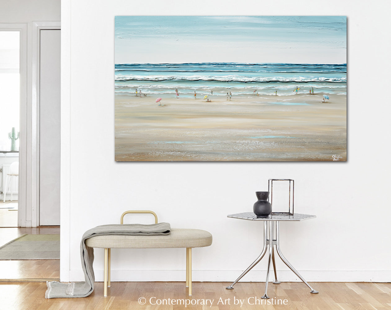 Load image into Gallery viewer, &amp;quot;Seas the Day&amp;quot; ORIGINAL Art Coastal Abstract Painting Textured Ocean Waves Figurative Beach Goers Blue White 48x30&amp;quot;
