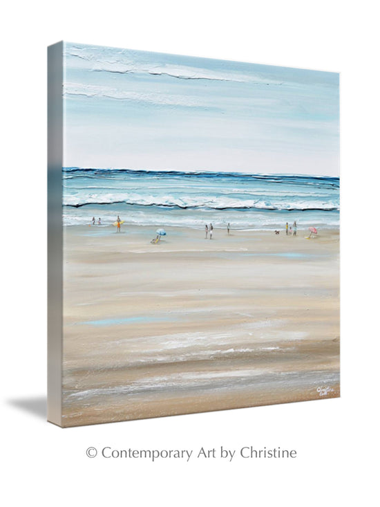 "Beach Day" SPECIAL RELEASE GICLEE PRINT Art Coastal Abstract Painting Textured Ocean Waves Figurative Beach Goers Blue White