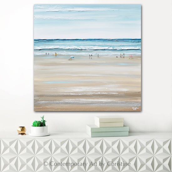 "Beach Day" ORIGINAL Art Coastal Abstract Painting Textured Ocean Waves Figurative Beach Goers Blue White 30x30"