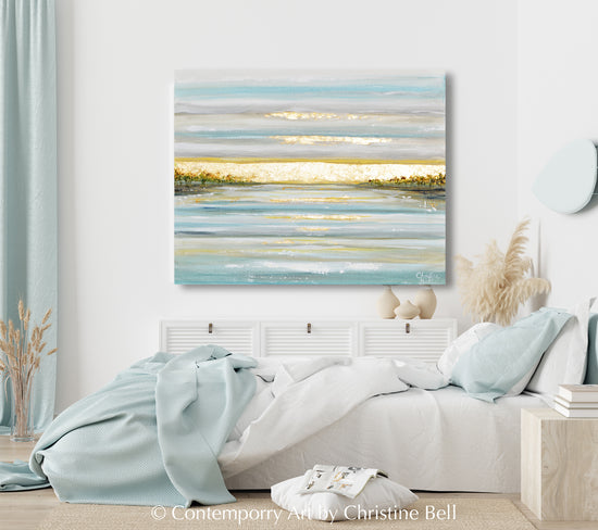 Load image into Gallery viewer, &amp;quot;Morning&amp;#39;s First Light&amp;quot; Original Art Abstract Painting Coastal Seascape with Gold Leaf Ocean Beach Wall Decor
