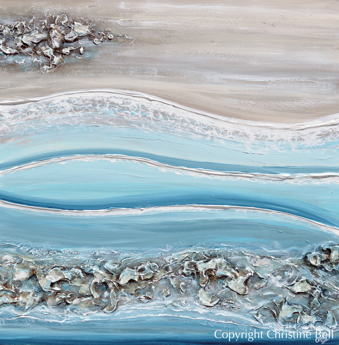 ORIGINAL Abstract Ocean Painting Coastal Blue White Rocks Beach Decor ...