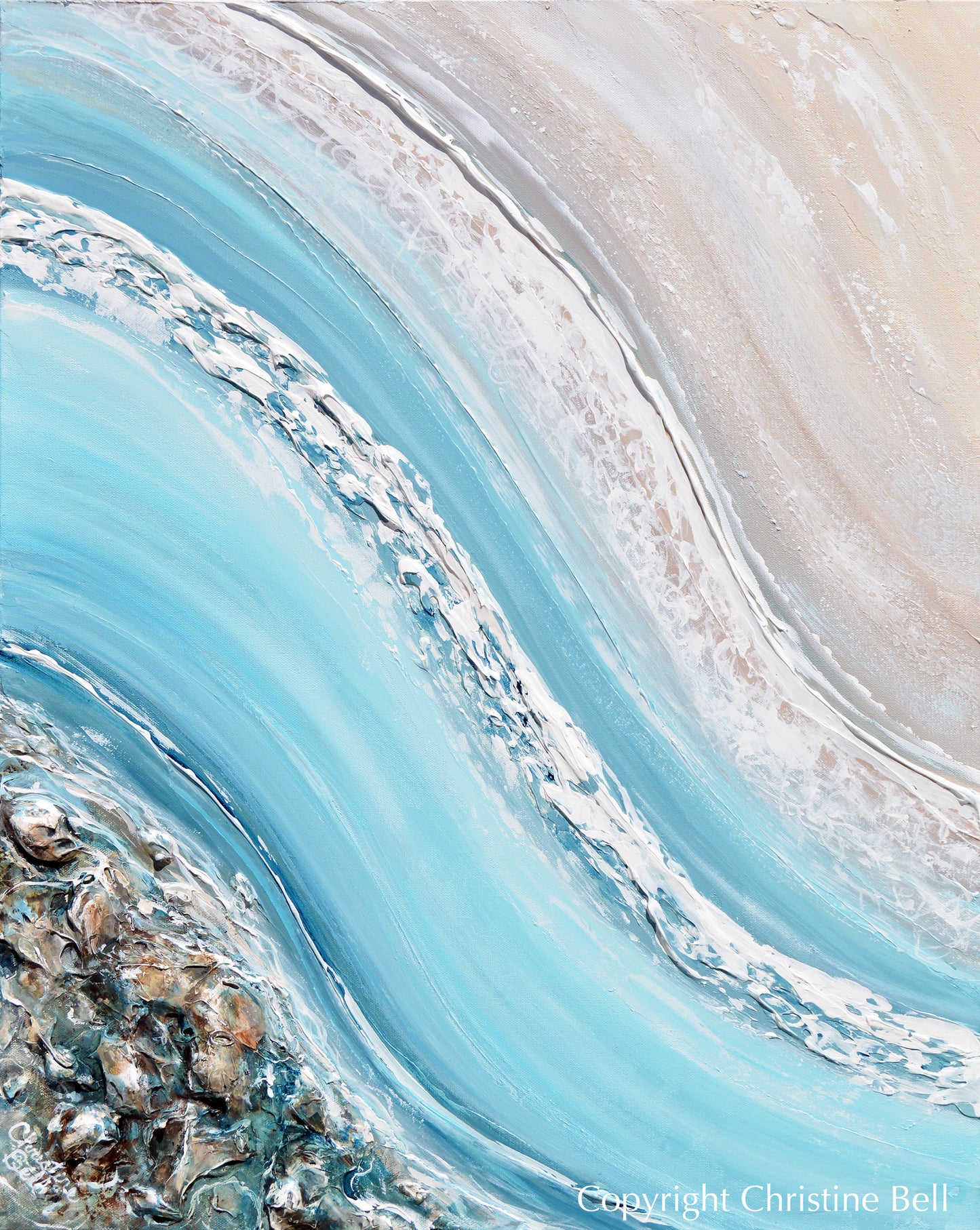 "Above the Waves" ORIGINAL Art Coastal Abstract Painting Textured Ocean Waves Rocks Aerial Beach Turquoise Blue 24x30"