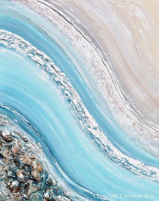 "Above the Waves" ORIGINAL Art Coastal Abstract Painting Textured Ocean Waves Rocks Aerial Beach Turquoise Blue 24x30"