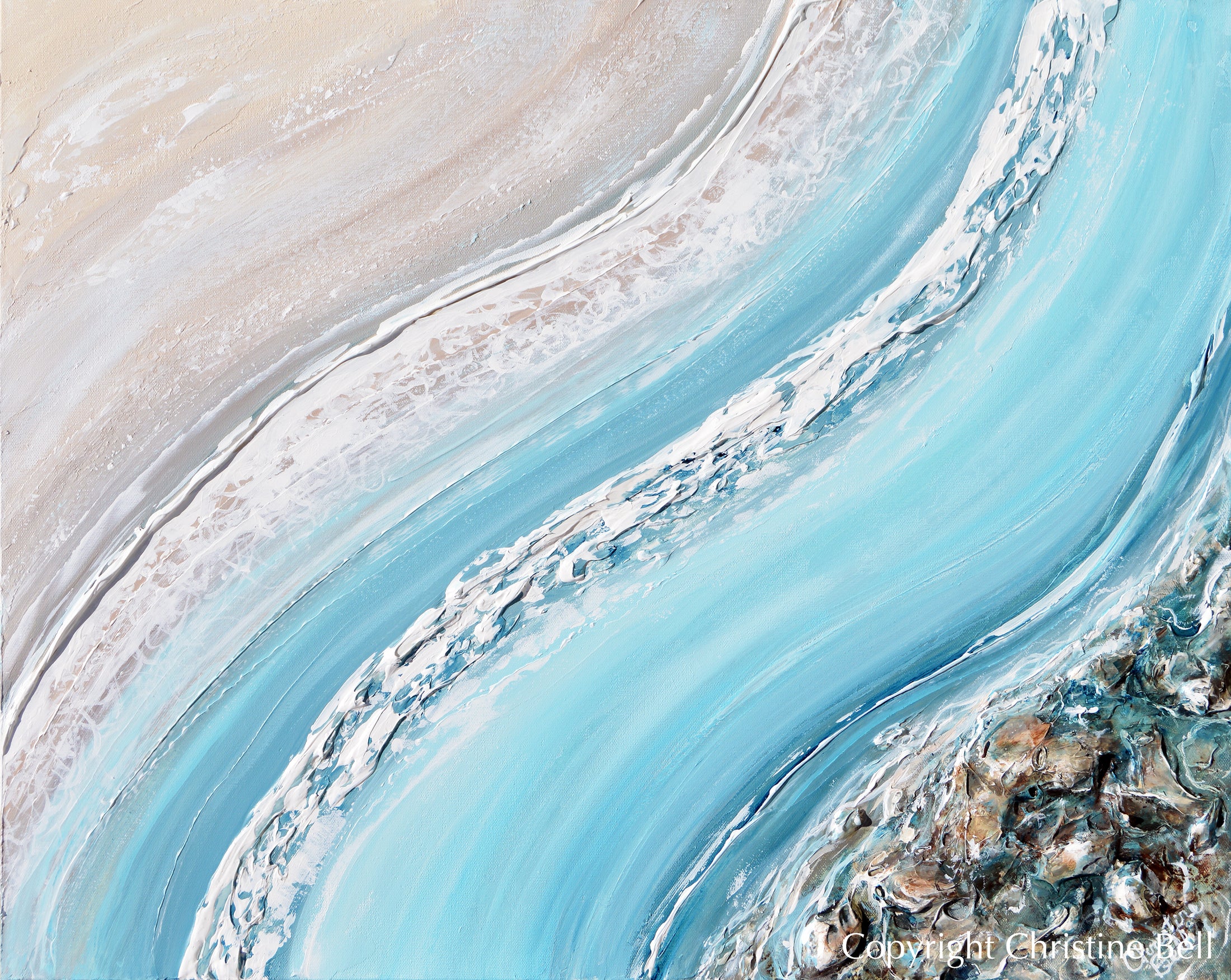 ORIGINAL Abstract Ocean Painting Coastal Blue White Rocks Beach Decor ...