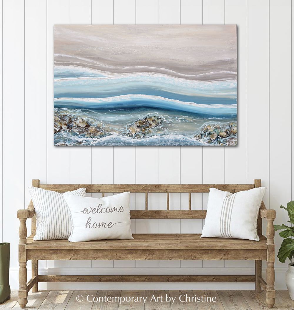 ORIGINAL Abstract Beach Painting Coastal Blue White Rocks Ocean Decor ...