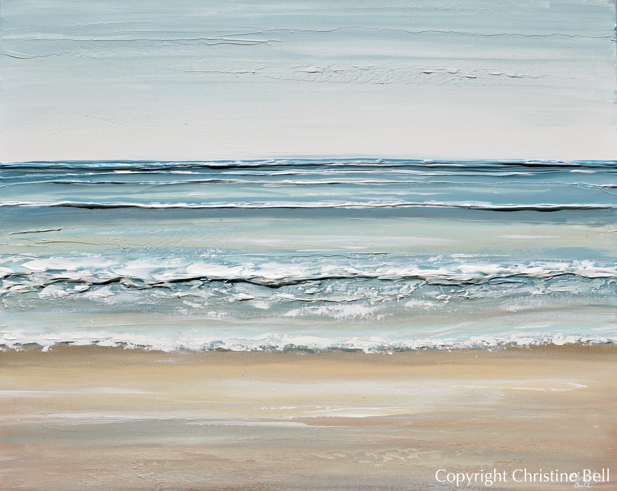 ORIGINAL Abstract Ocean Painting Coastal Blue White Rocks Beach Decor ...
