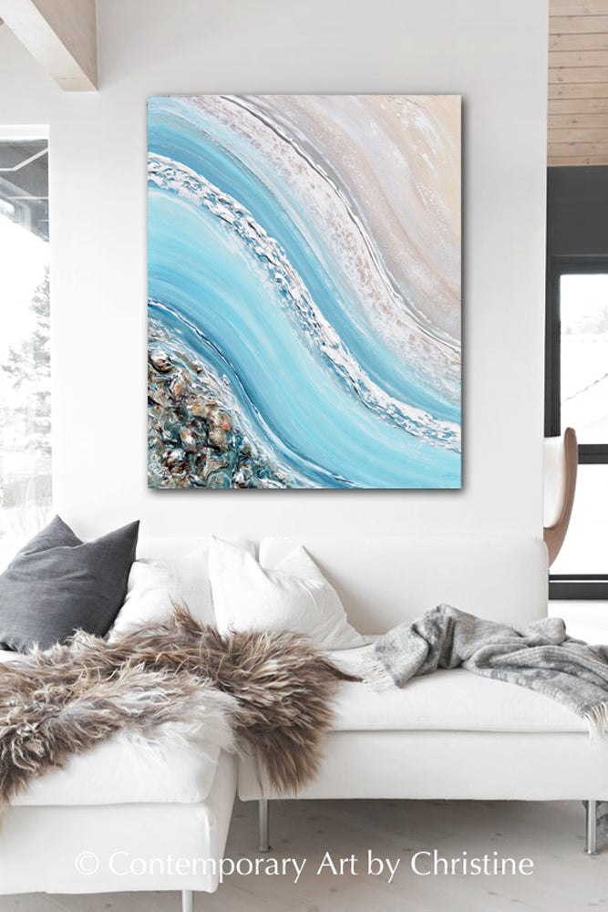 ORIGINAL Abstract Ocean Painting Coastal Blue White Rocks Beach Decor ...