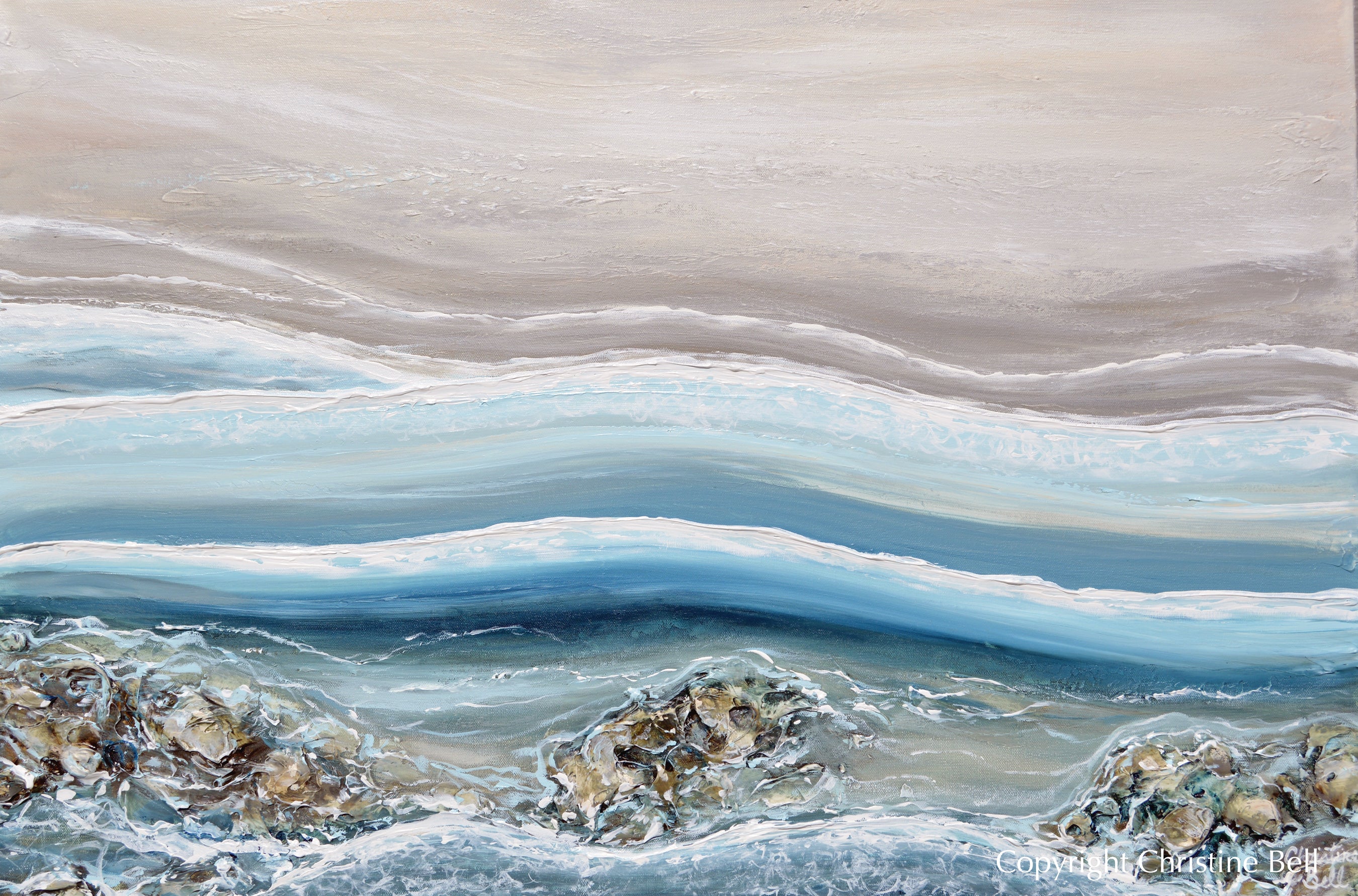 ORIGINAL Abstract Beach Painting Coastal Blue White Rocks Ocean Decor ...
