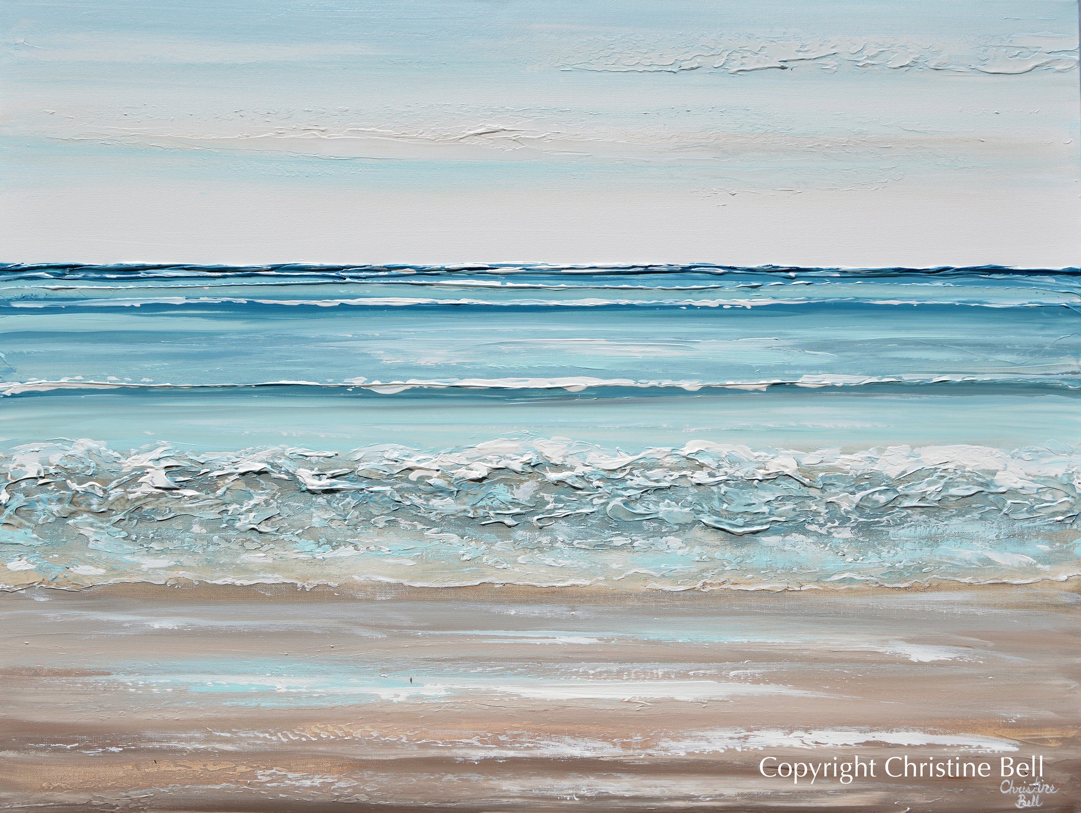 ORIGINAL Abstract Ocean Painting Coastal Blue White Rocks Beach Decor ...