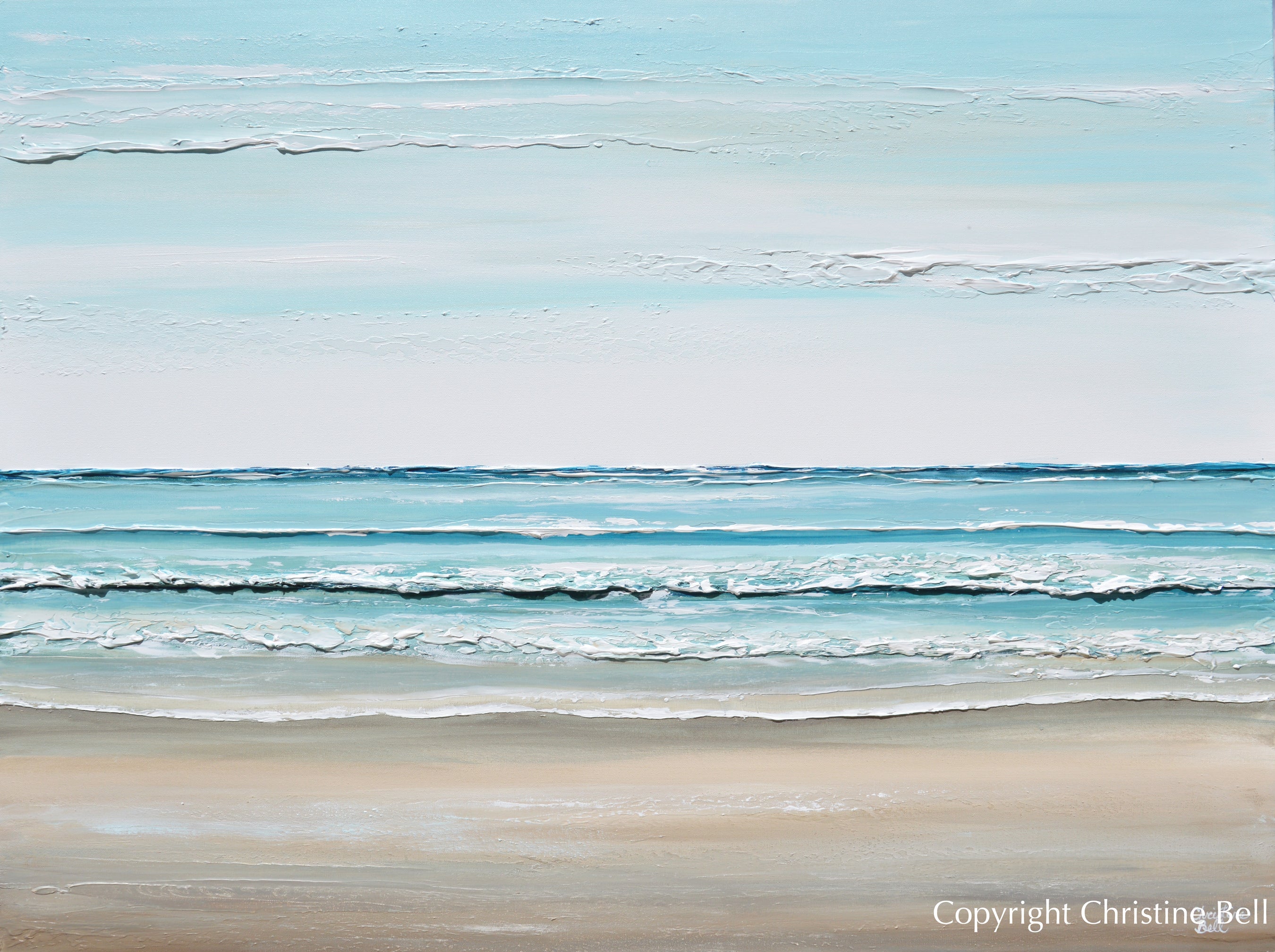 ORIGINAL Abstract Ocean Painting Coastal Blue White Rocks Beach Decor ...