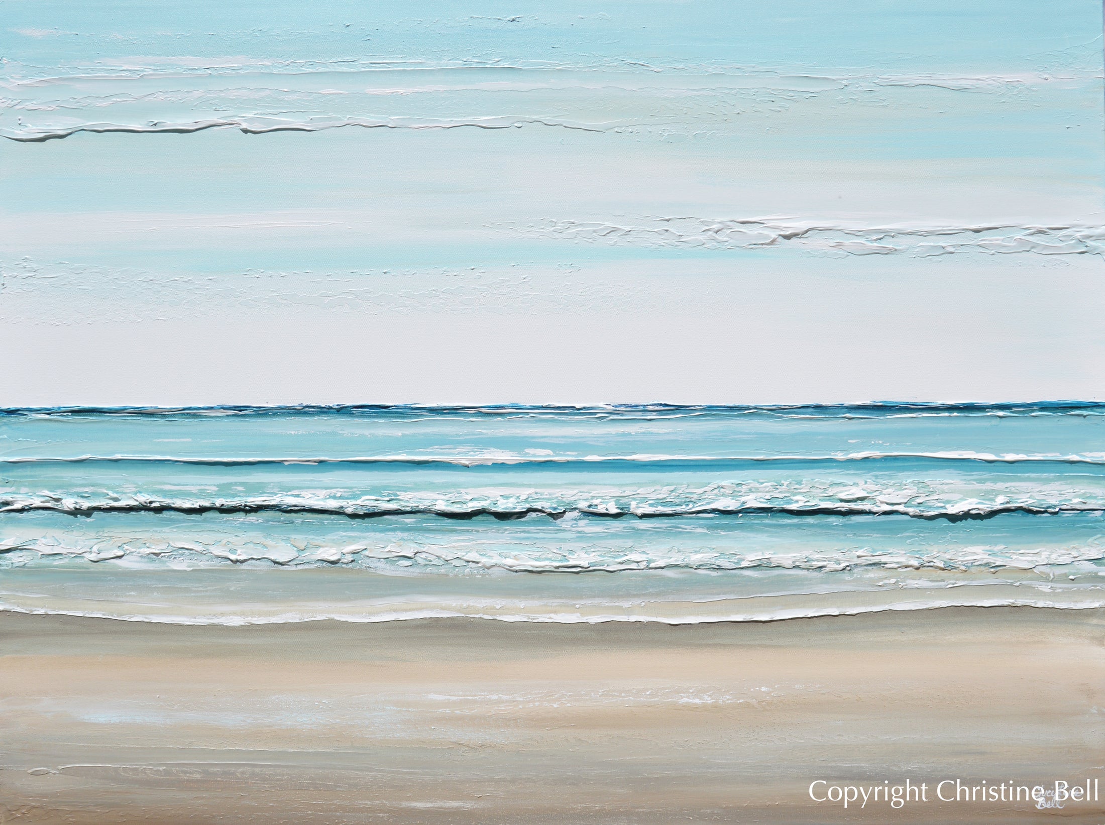 ORIGINAL Abstract Ocean Painting Coastal Blue White Rocks Beach Decor ...