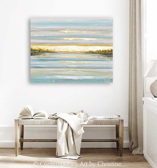 "Morning's First Light" Original Art Abstract Painting Coastal Seascape with Gold Leaf Ocean Beach Wall Decor