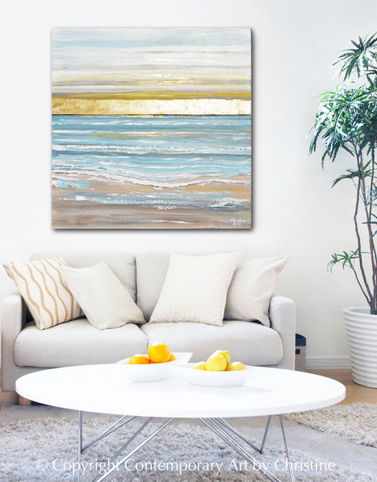 Load image into Gallery viewer, &amp;quot;Here Comes the Sun&amp;quot; ORIGINAL Art Coastal Abstract Painting Seascape Sunrise Ocean Beach Gold Leaf 36x36&amp;quot;
