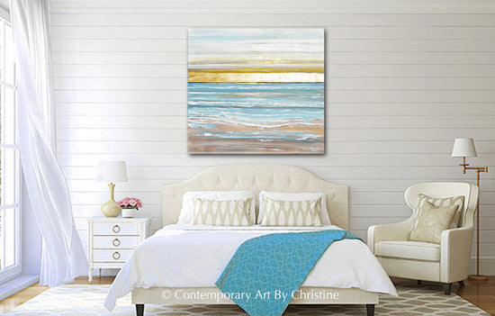 Load image into Gallery viewer, &amp;quot;Here Comes the Sun&amp;quot; ORIGINAL Art Coastal Abstract Painting Seascape Sunrise Ocean Beach Gold Leaf 36x36&amp;quot;
