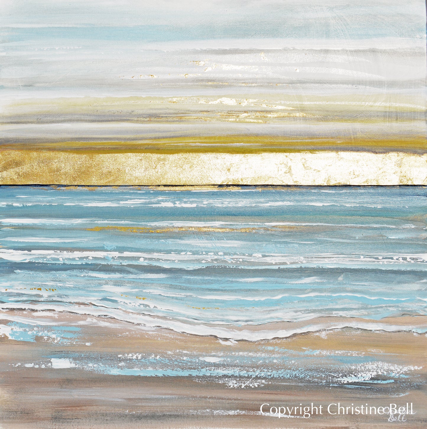 "Here Comes the Sun" ORIGINAL Art Coastal Abstract Painting Seascape Sunrise Ocean Beach Gold Leaf 36x36"