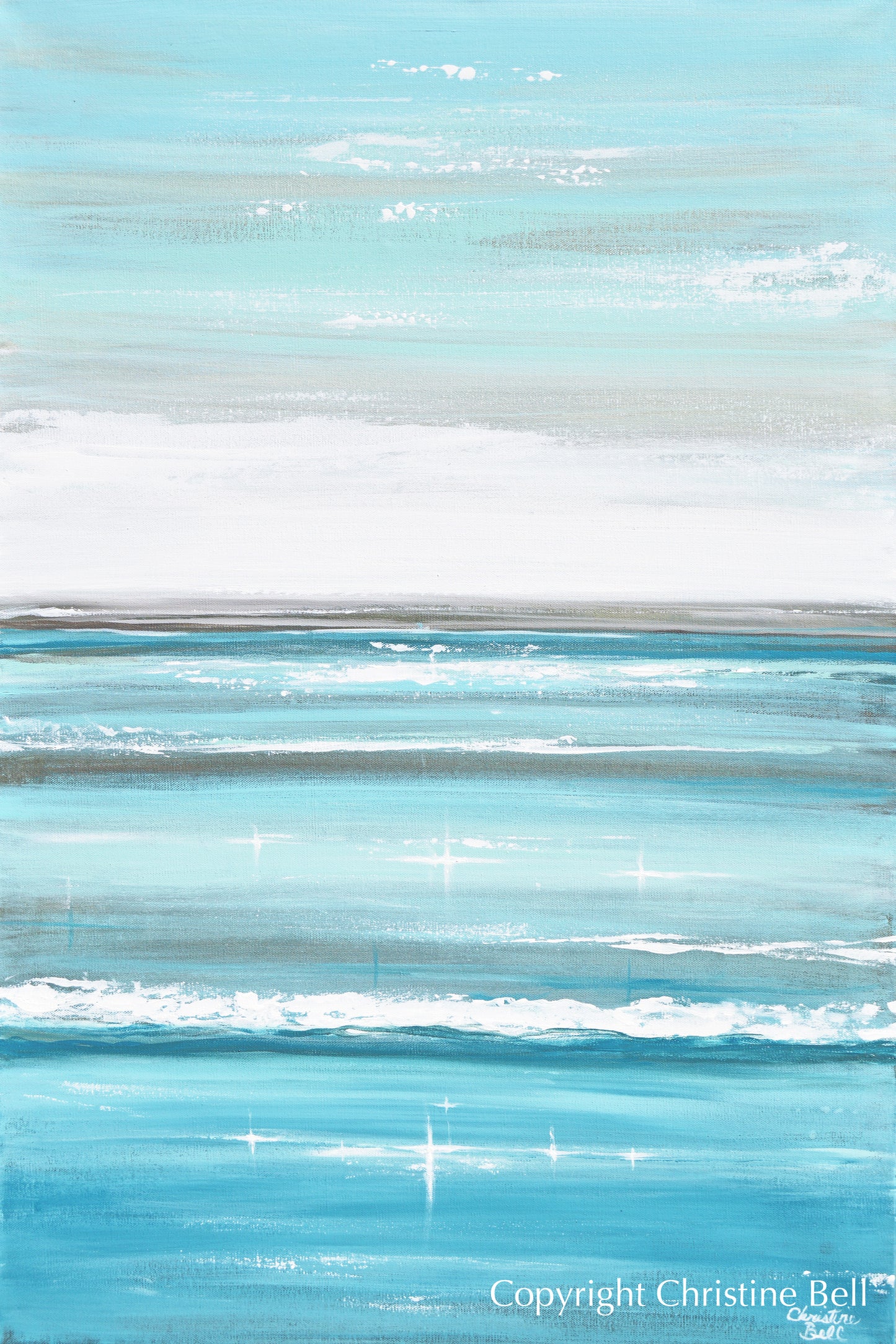 "Sparkling Sea" ORIGINAL Art Coastal Abstract Painting Ocean Waves Beach Light Blue Grey 24x36"