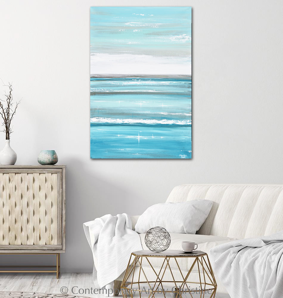 ORIGINAL Abstract Ocean Painting Coastal Blue White Seascape Beach Art ...