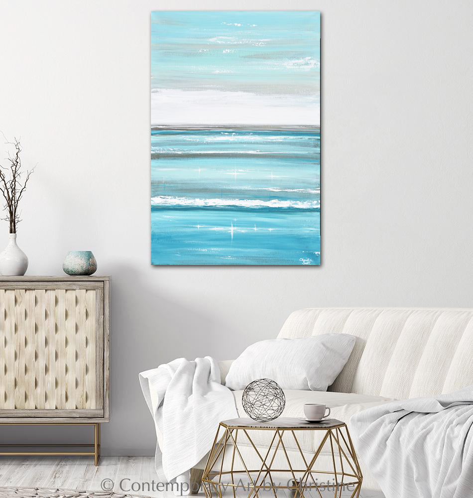 "Sparkling Sea" ORIGINAL Art Coastal Abstract Painting Ocean Waves Beach Light Blue Grey 24x36"