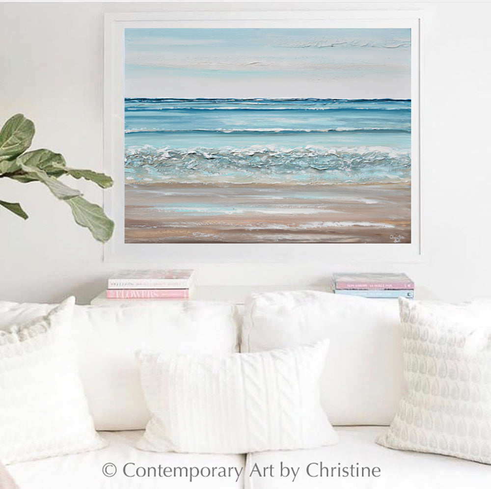 ORIGINAL Abstract Ocean Painting Coastal Blue White Rocks Beach Decor ...