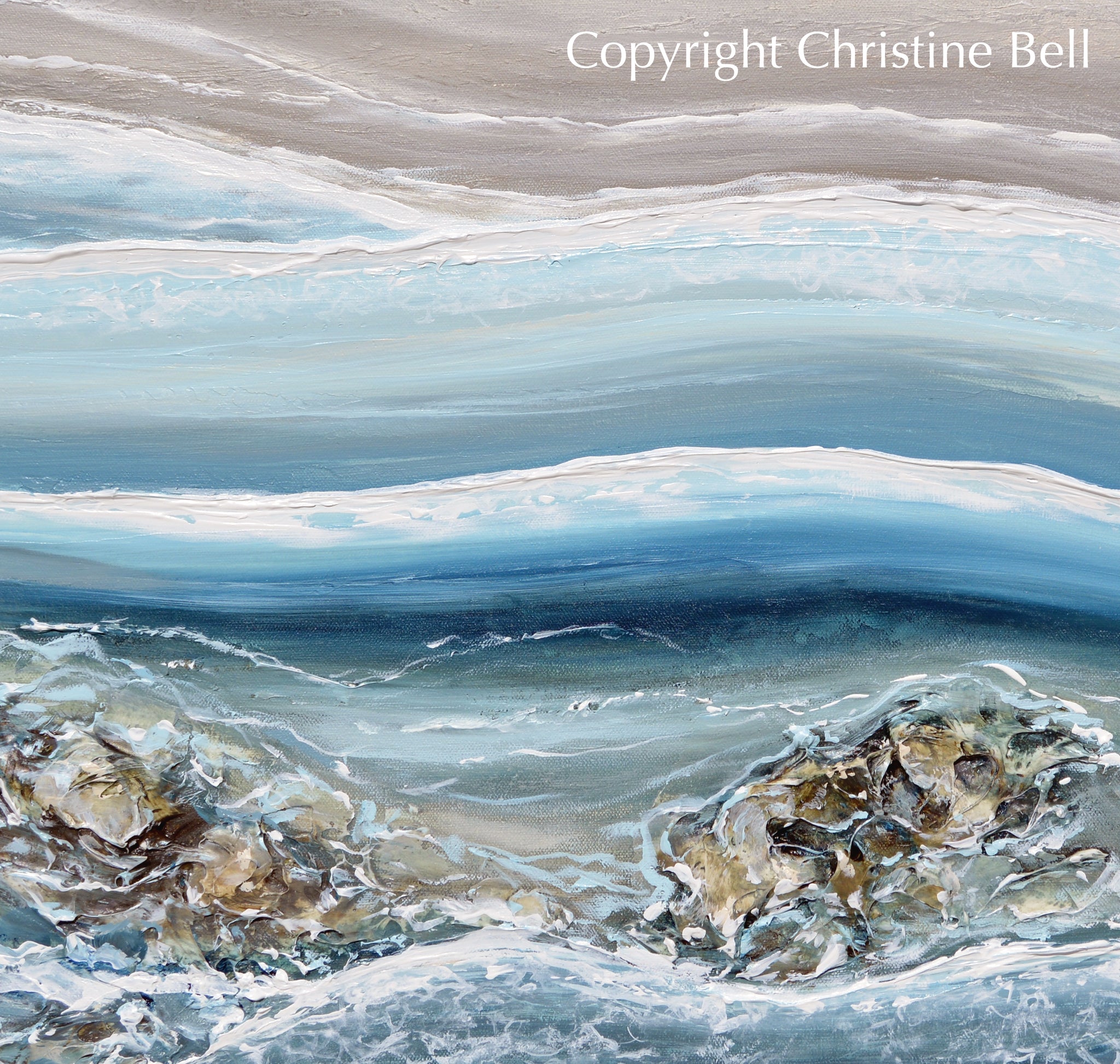 ORIGINAL Abstract Beach Painting Coastal Blue White Rocks Ocean Decor ...