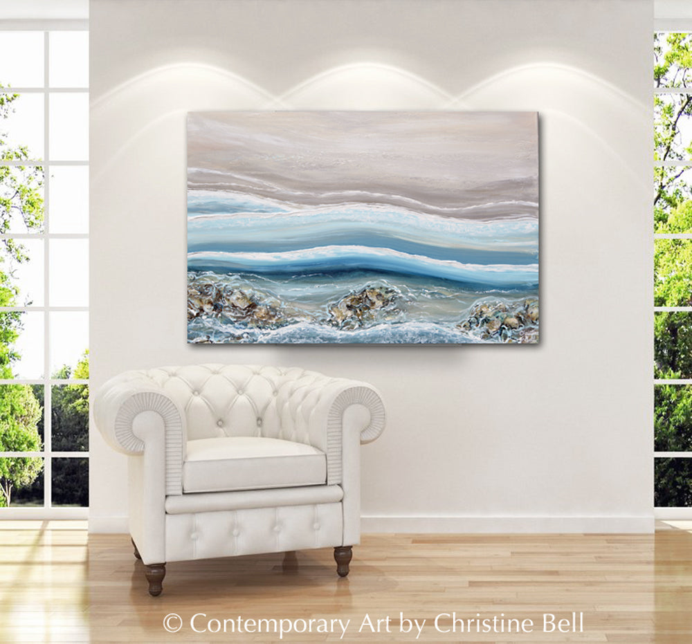 "Laguna Cove" ORIGINAL Art Coastal Abstract Painting Textured Ocean Waves Rocks Aerial Beach Turquoise Blue 36x24"