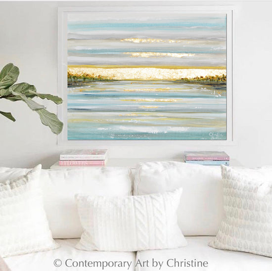 "Morning's First Light" ORIGINAL Art Coastal Abstract Painting Seascape Sunrise Ocean Lake Gold Leaf 30x24"