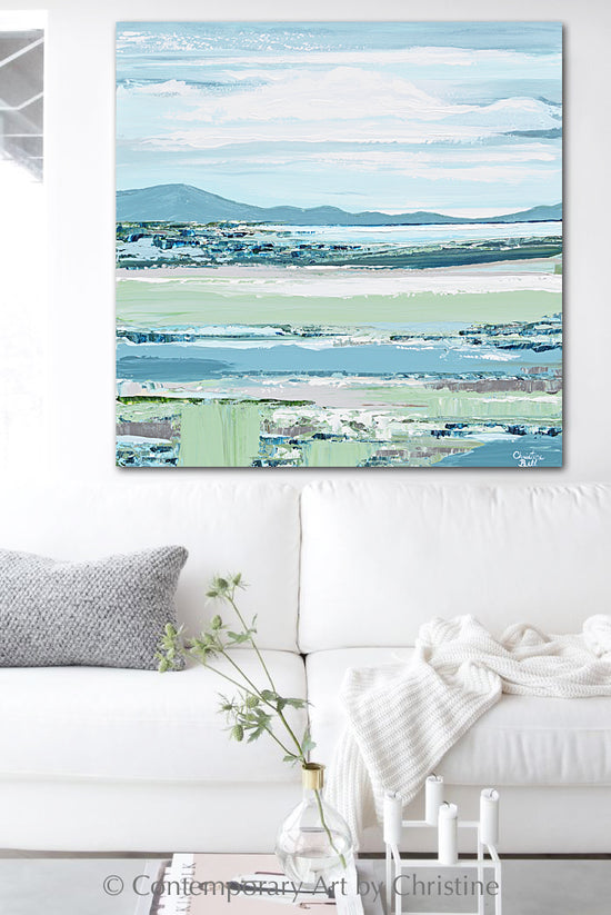 "Your Happy Place" ORIGINAL Art Coastal Abstract Painting Textured Landscape Blue Green Hills Seascape Lake 30x30"