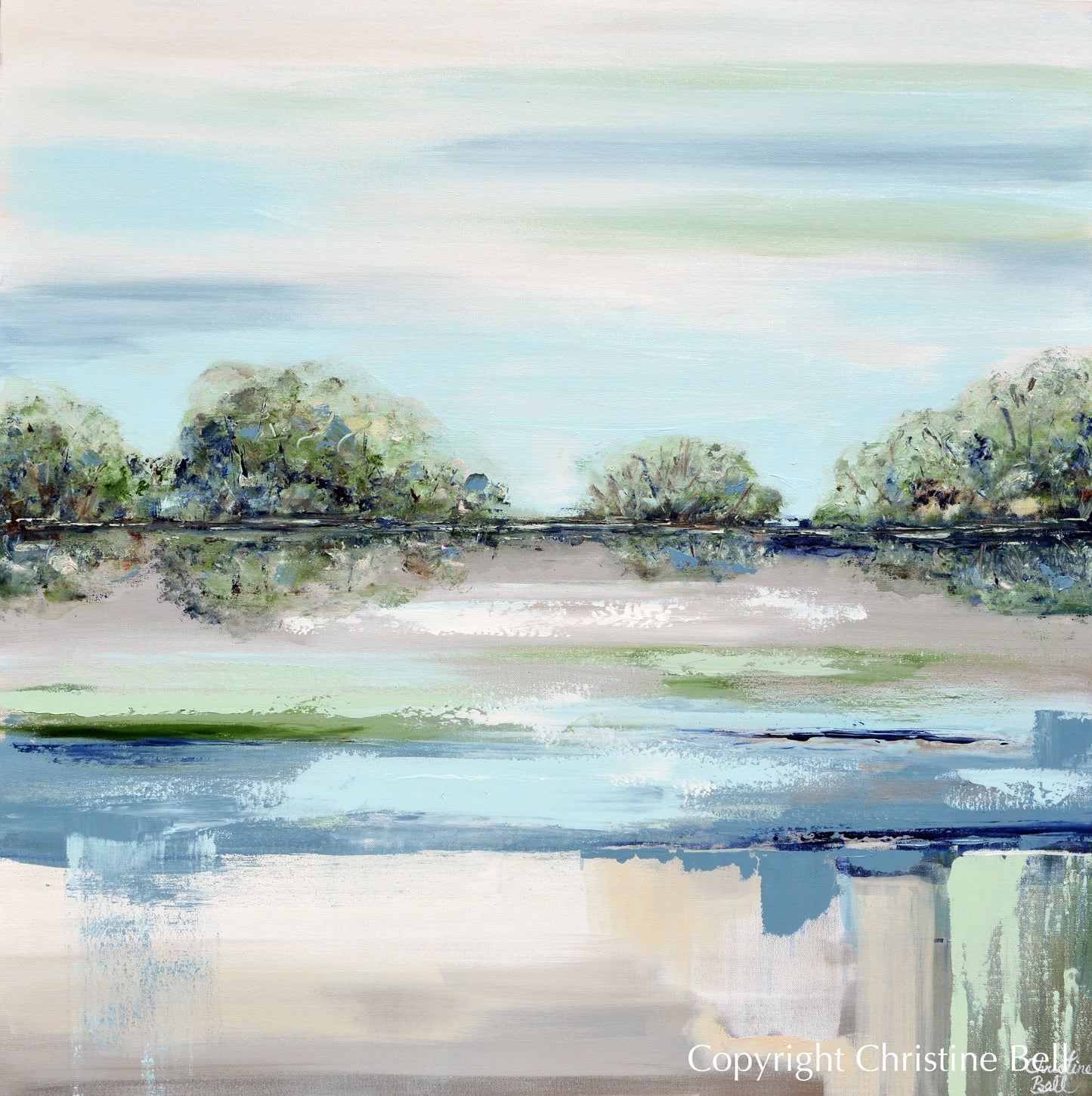 Load image into Gallery viewer, &amp;quot;Morning Meditation&amp;quot; FRAMED GICLEE PRINT Art Coastal Abstract Painting Blue Green Grey Modern Landscape Trees
