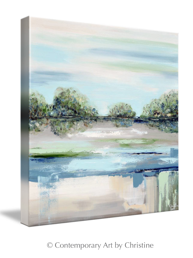"Morning Meditation" GICLEE PRINT Art Coastal Abstract Painting Blue Green Grey Modern Landscape Trees